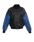 THE SQUAD LEATHER UNISEX BOMBER IN BLACK AND BLUE