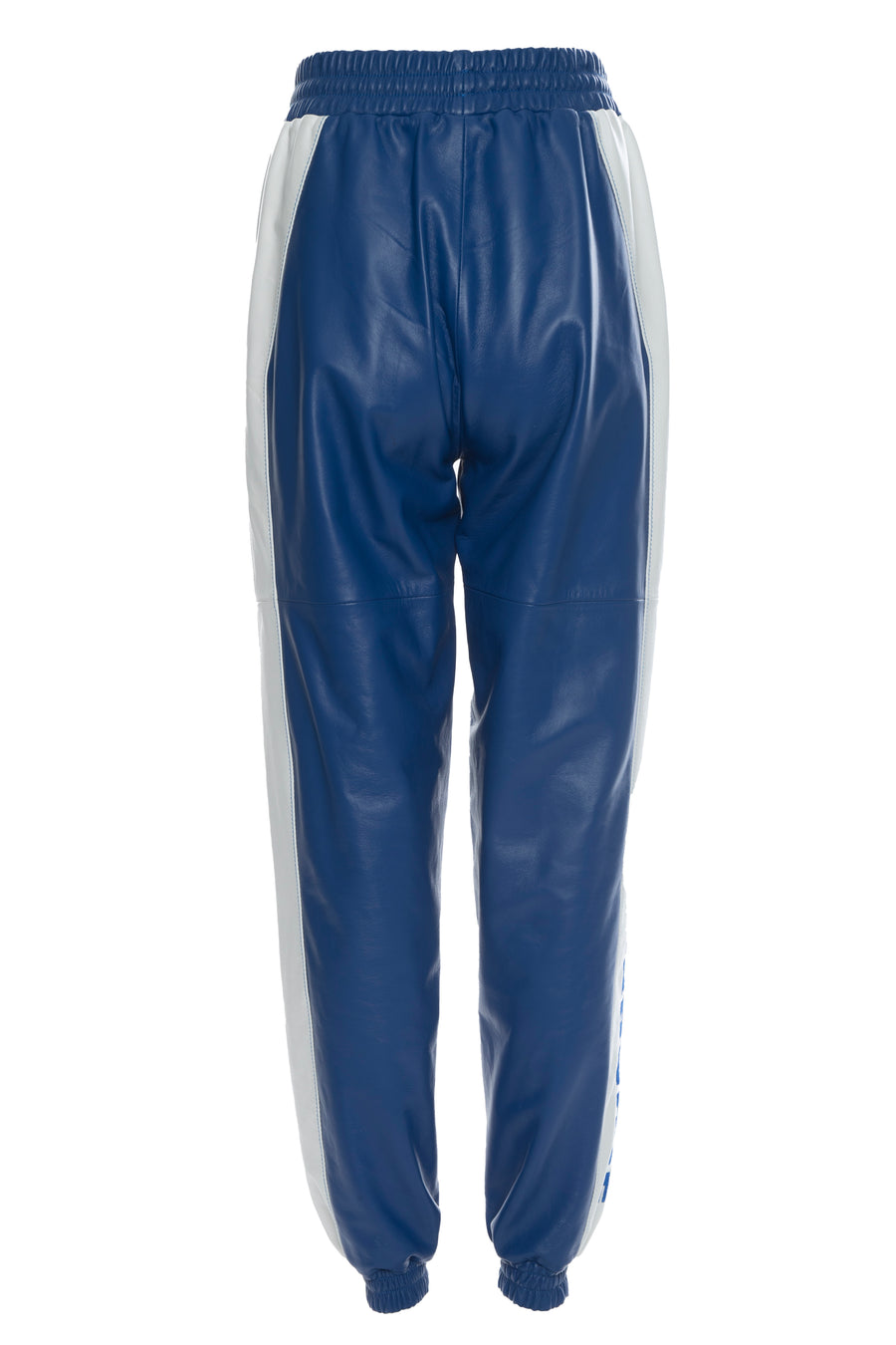 THE VIRALIZER UNISEX LEATHER TROUSERS IN WHITE AND ROYAL BLUE