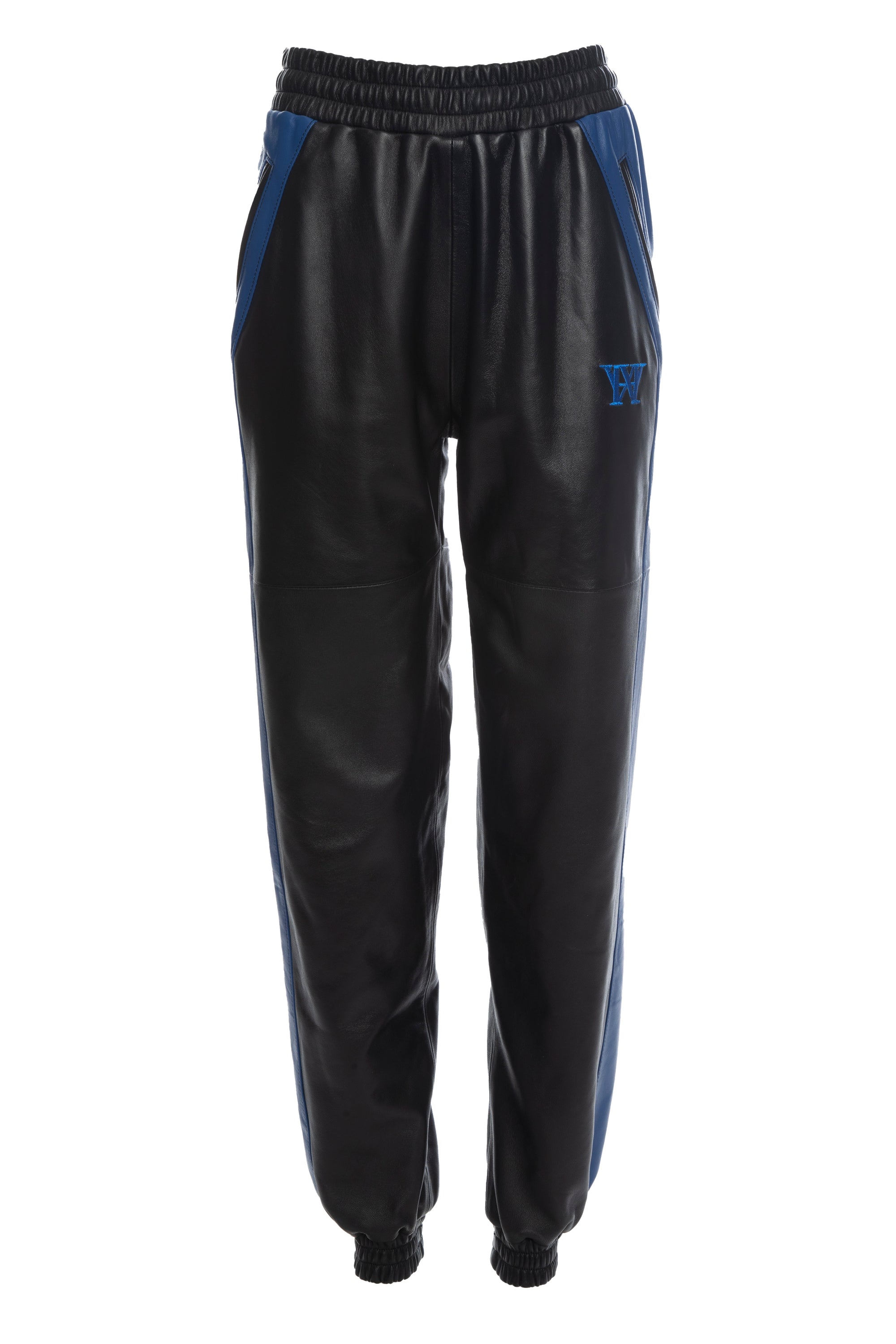 THE VIRALIZER UNISEX LEATHER TRACKSUIT BOTTOMS IN BLACK AND ROYAL BLUE