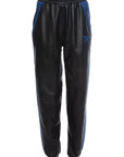 THE VIRALIZER UNISEX LEATHER TRACKSUIT BOTTOMS IN BLACK AND ROYAL BLUE