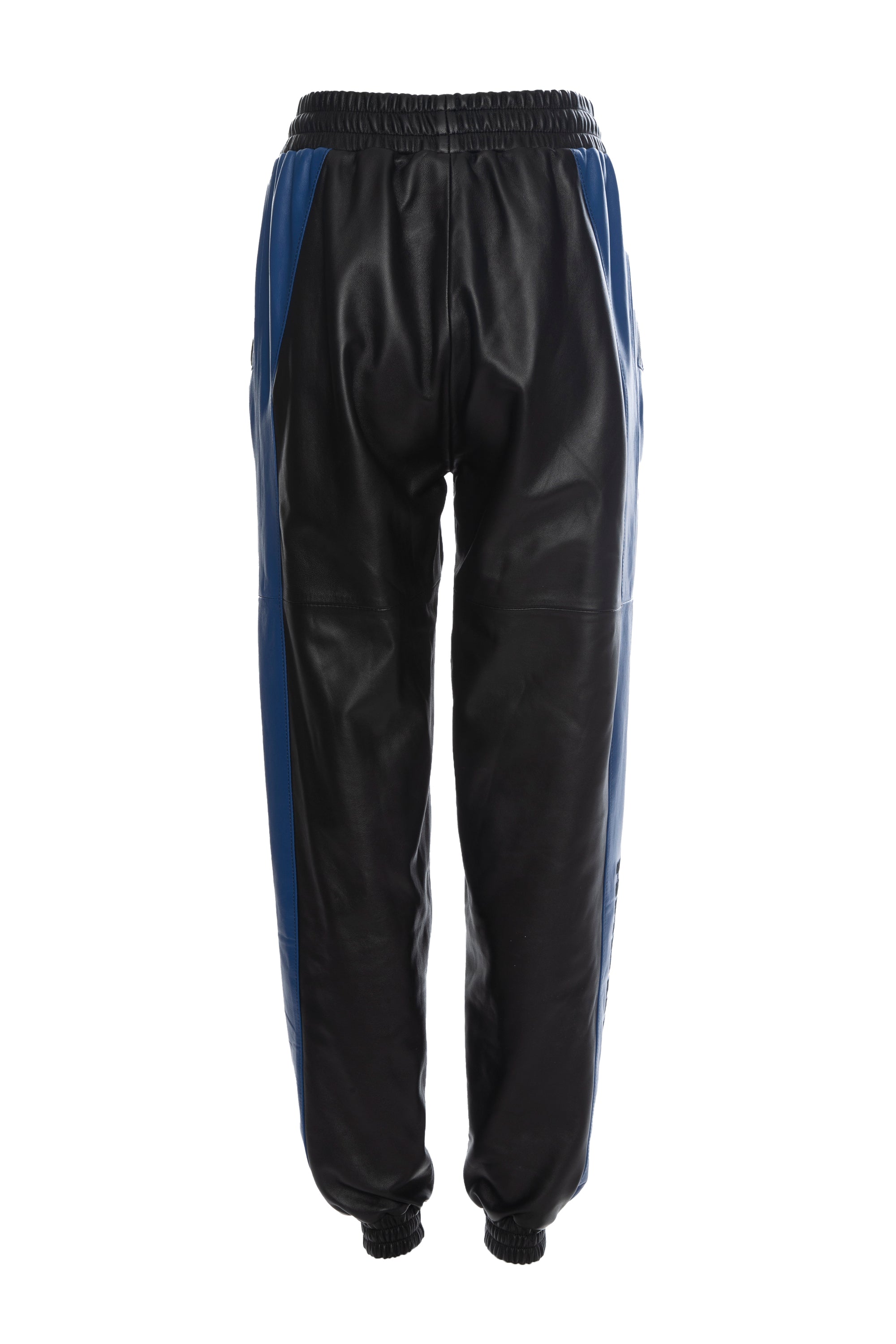 THE VIRALIZER UNISEX LEATHER TRACKSUIT BOTTOMS IN BLACK AND ROYAL BLUE