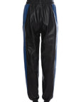 THE VIRALIZER UNISEX LEATHER TRACKSUIT BOTTOMS IN BLACK AND ROYAL BLUE