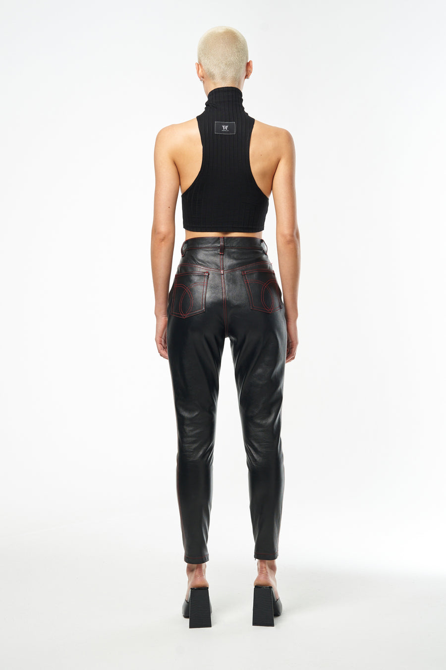 Ladies Black Leather Slim Fit Trousers With Red Piping 