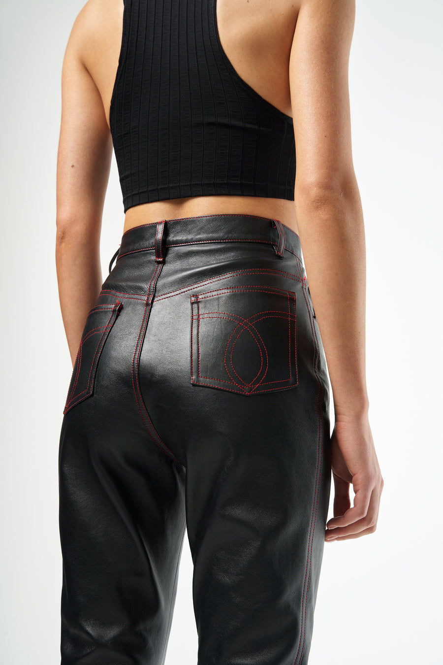 Black High Waisted Leather Trousers With Red Stitch Details 