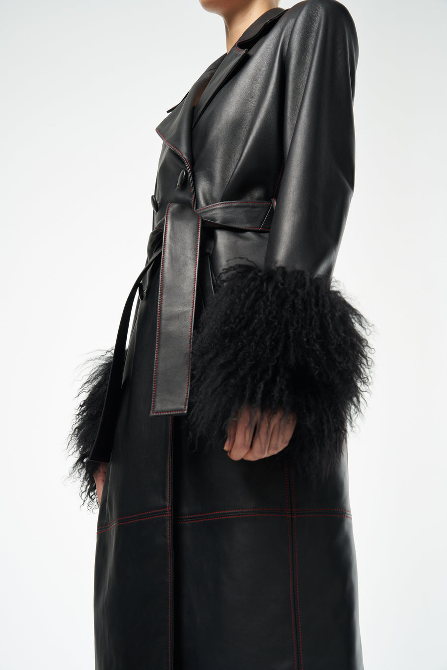 Midnight Black Double Breasted Leather Trench Coat With Fur Cuffs
