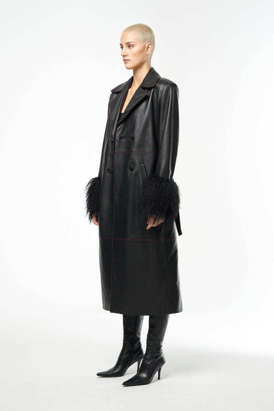 Midnight Black Double Breasted Leather Trench Coat | London