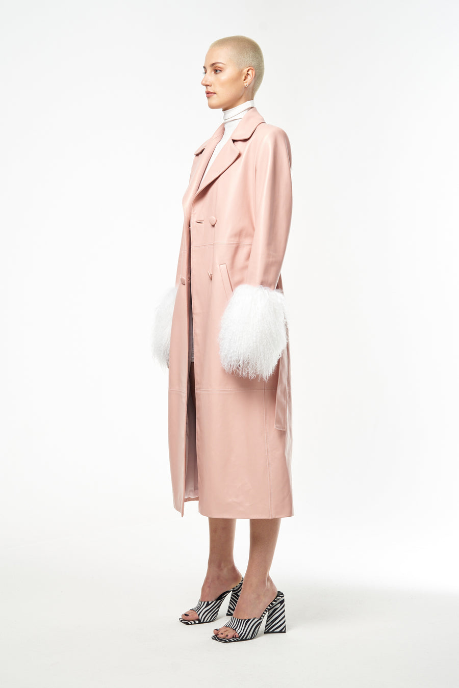 Long Pink Leather Jacket With White Fur Cuffs on Sleeves