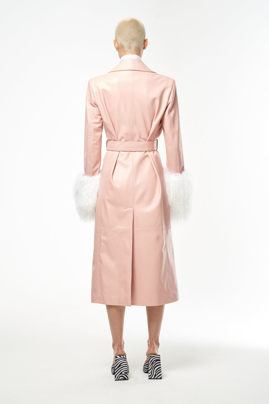 Baby Pink Trench Coat With Fur Sleeves