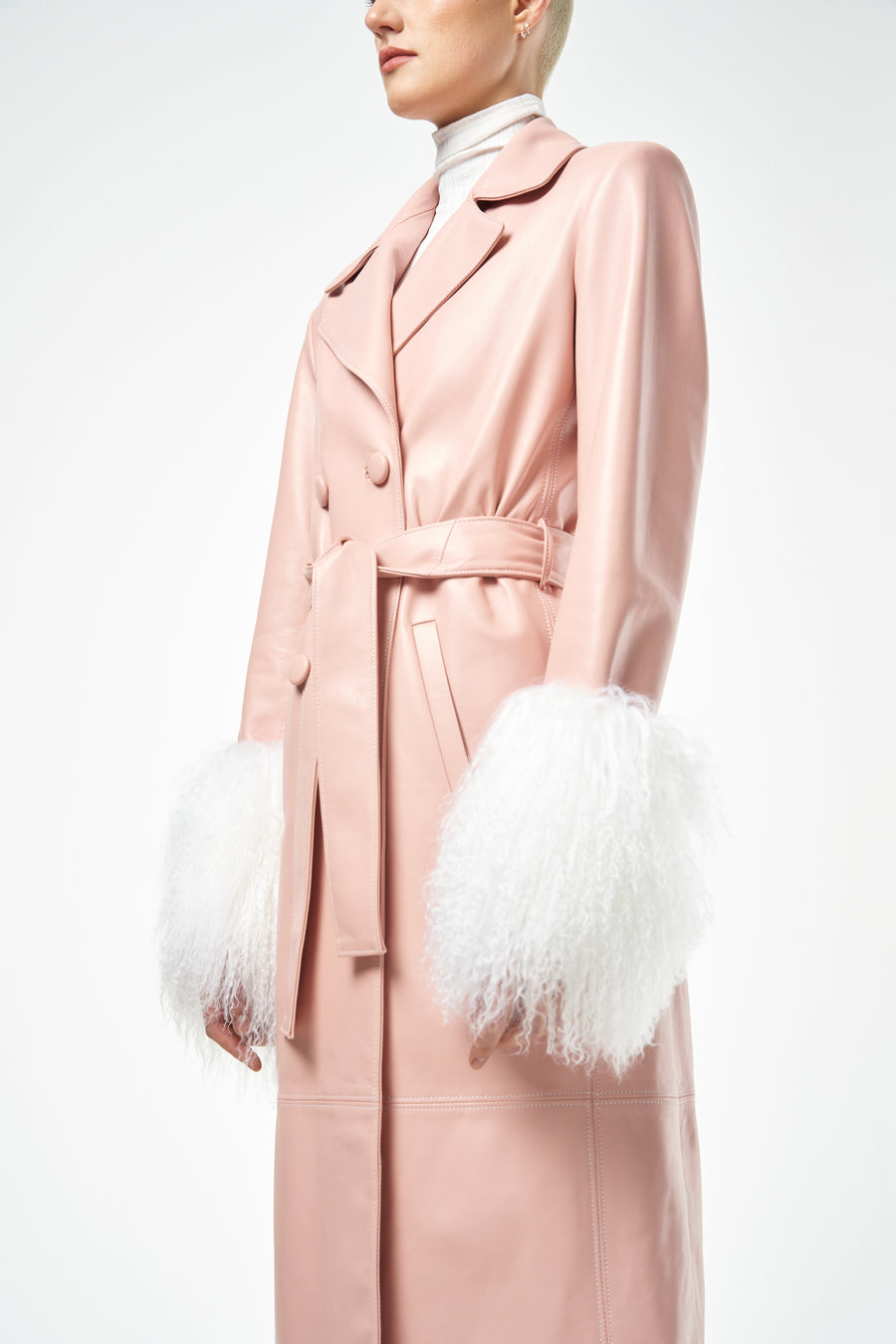 Mongolian Fur  & Pink Leather Trench Coat | Made in London