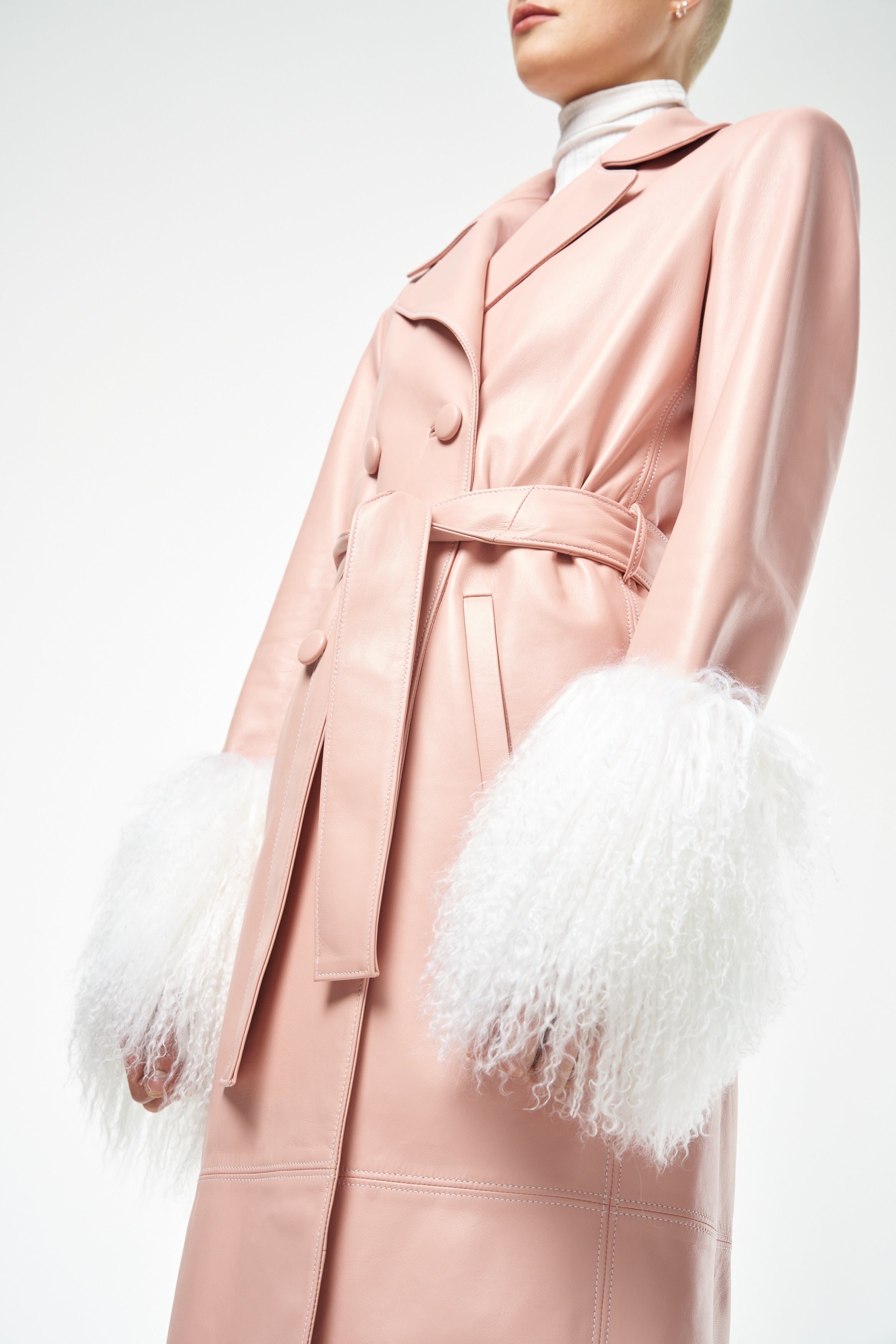 Rose Quartz Baby Pink Leather Trench With Mongolian fur Cuffs Hardware LDN