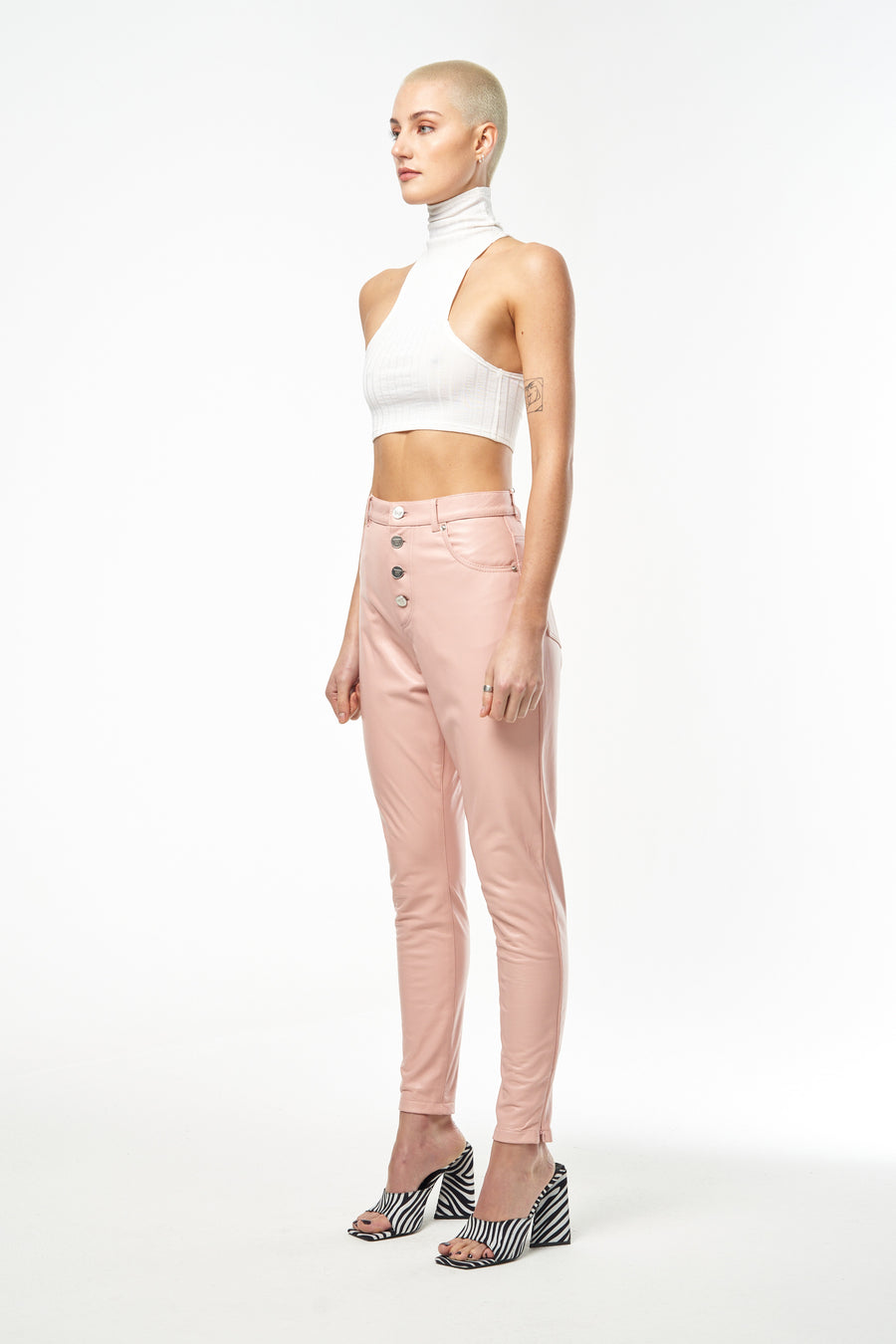Rose Quartz Baby Pink Lambskin Leather Trousers | High Waisted Pants 