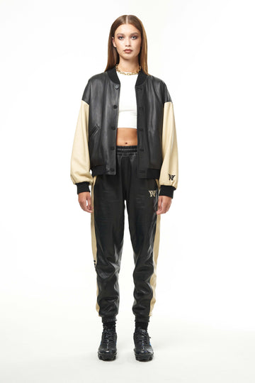 THE SQUAD LEATHER BOMBER IN BLACK AND CREAM