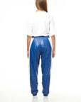 THE VIRALIZER UNISEX LEATHER TRACKSUIT BOTTOMS IN WHITE AND ROYAL BLUE
