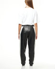THE VIRALIZER UNISEX LEATHER TRACKSUIT BOTTOMS IN BLACK AND WHITE