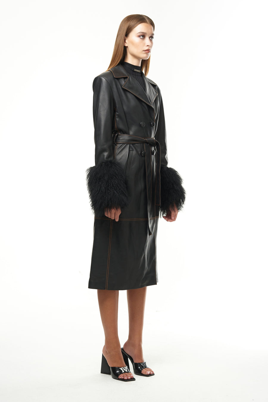 MIDNIGHT LEATHER TRENCH COAT WITH ORANGE CONTRAST STITCH