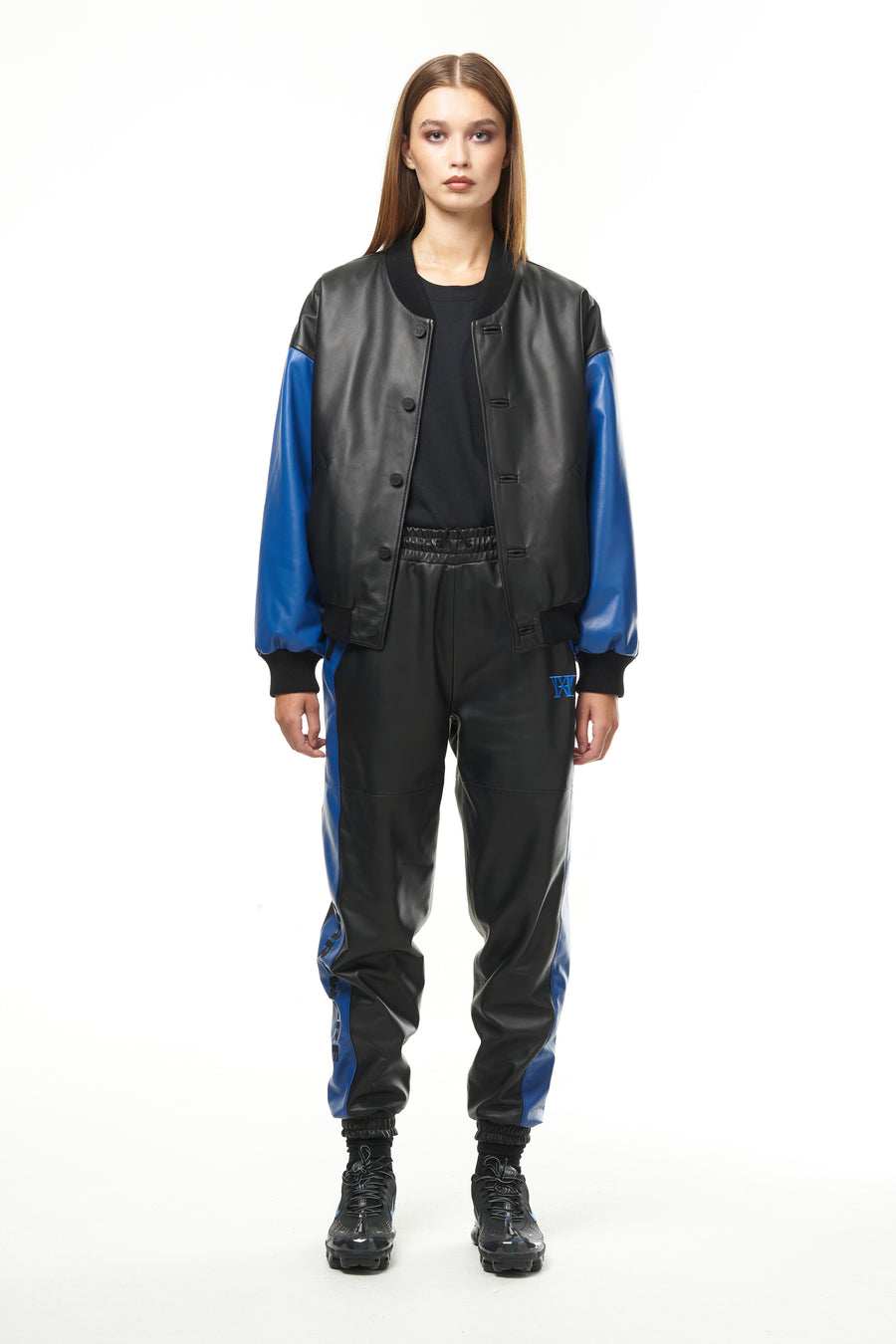 THE SQUAD UNISEX LEATHER BOMBER IN BLACK AND BLUE