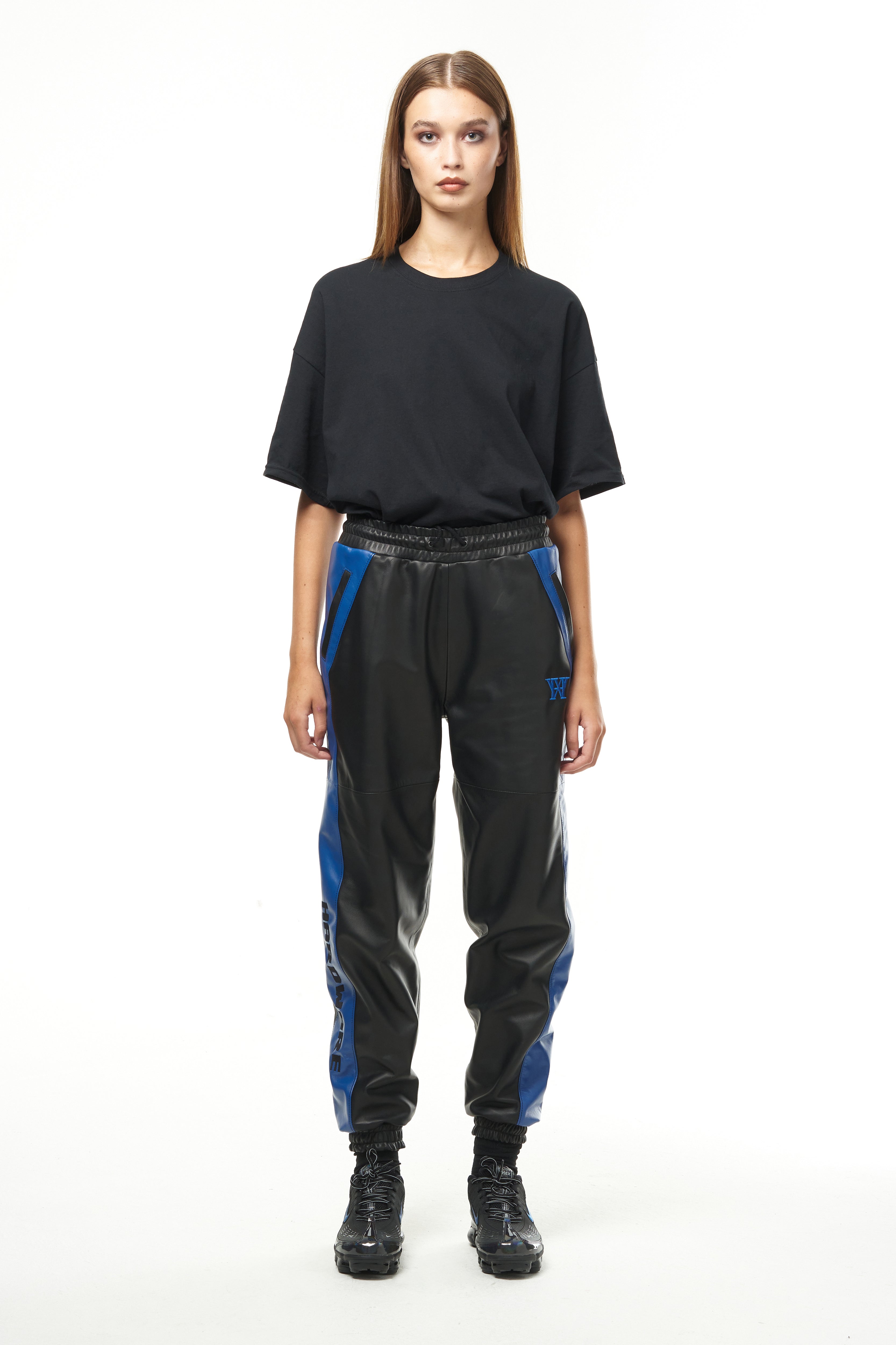 THE VIRALIZER UNISEX LEATHER TRACKSUIT BOTTOMS IN BLACK AND ROYAL BLUE Hardware LDN