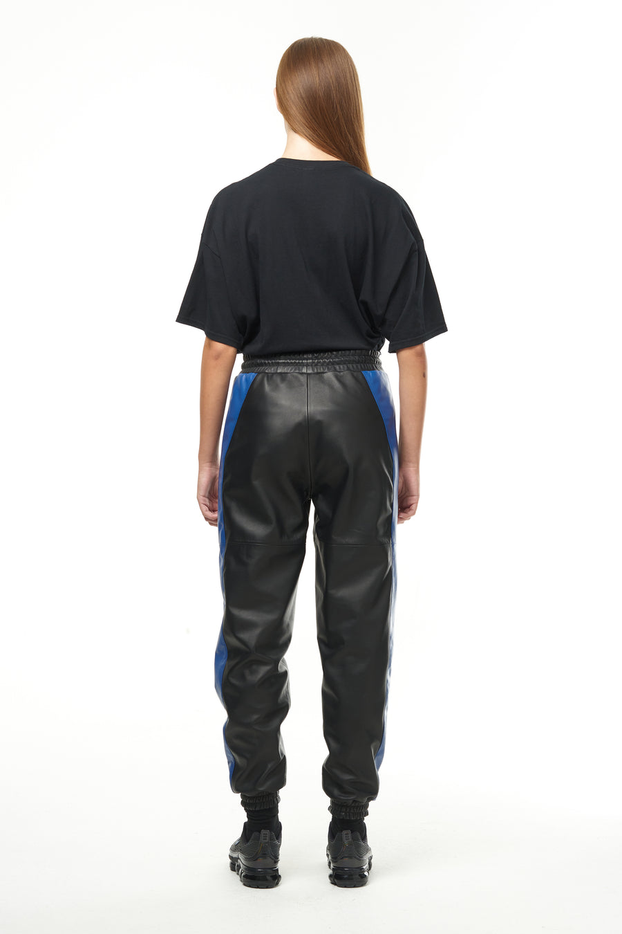 THE VIRALIZER UNISEX LEATHER TRACKSUIT BOTTOMS IN BLACK AND ROYAL BLUE