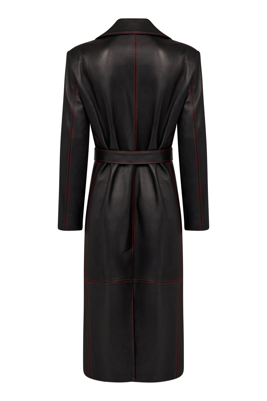 Luxury Long Black Leather Trench Coat With Red Stitching Details 