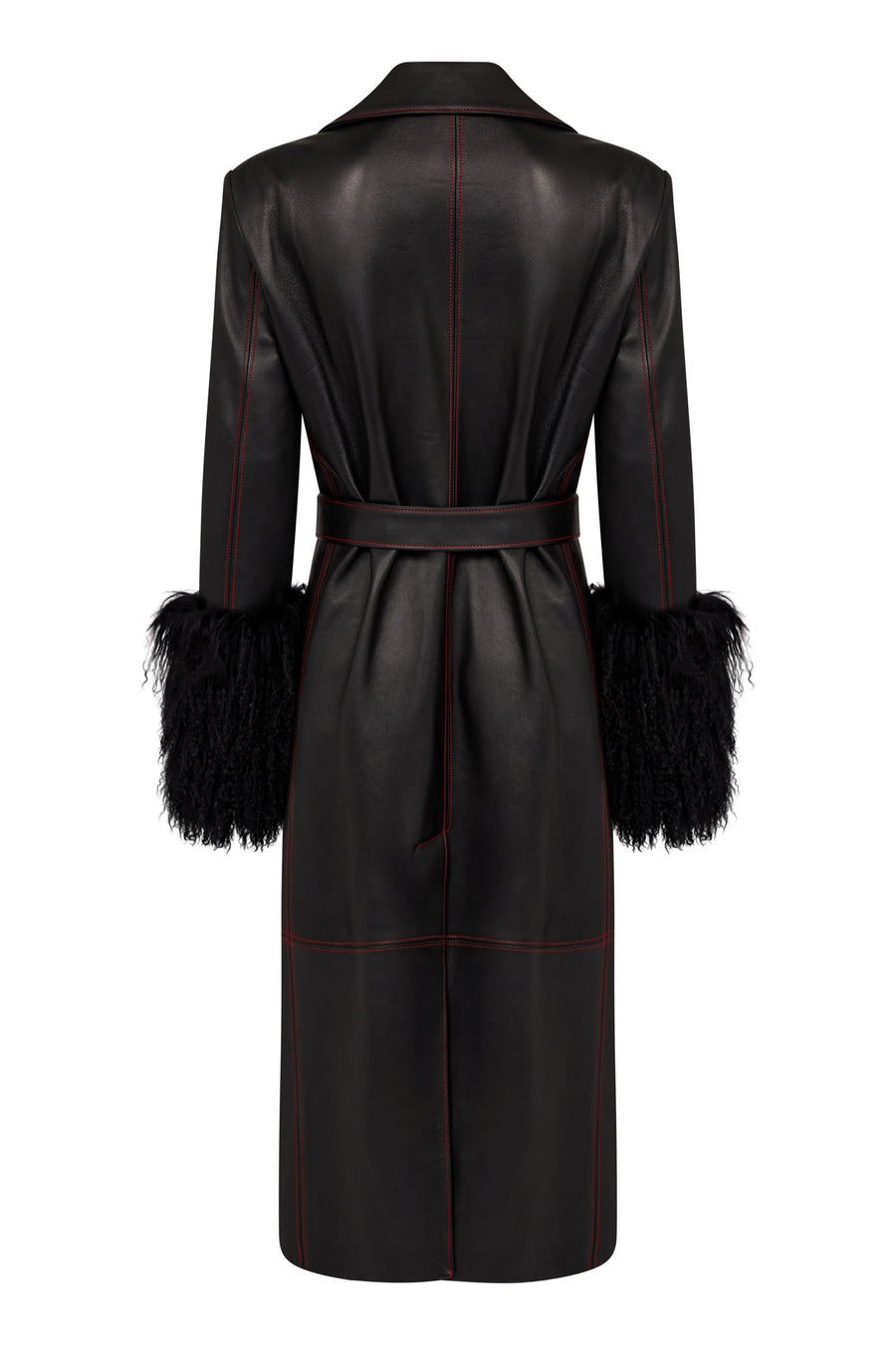 Midnight Black Double Breasted Leather Trench Coat With Fur Cuff & Red Stitching