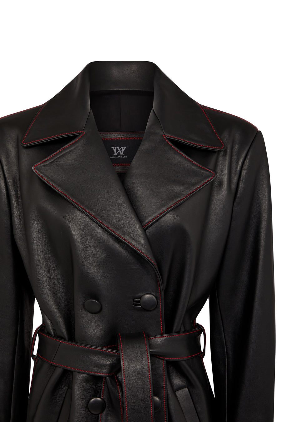Womens Real Lambs Skin Leather Trench Coat With Red Piping Detail 