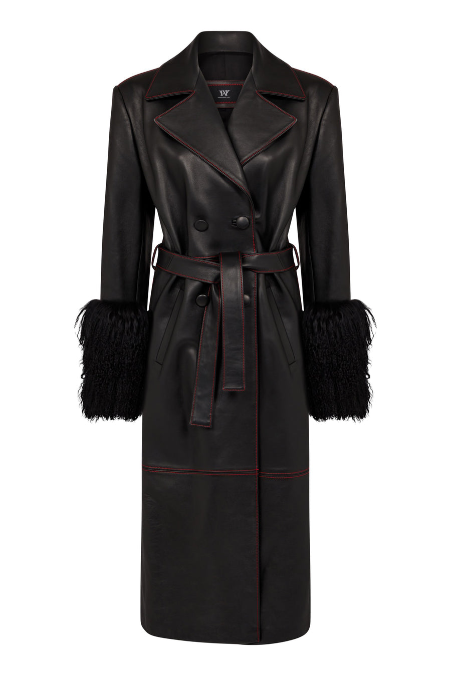 Midnight Black Double Breasted Leather Trench Coat With Red Stitch