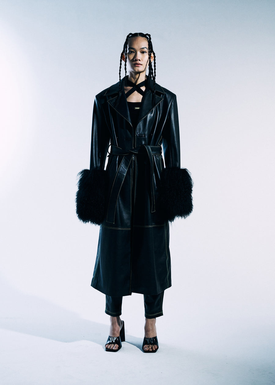 MIDNIGHT LEATHER TRENCH WITH CHAIN W GREEN CONTRAST STITCH