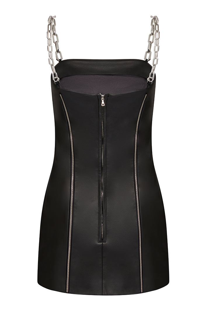 Boob Tube Black Leather Dress With Chain Straps 