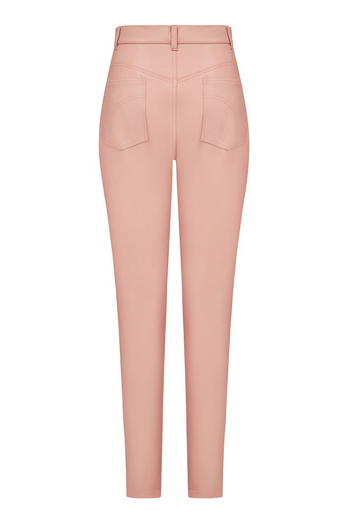 High Waisted Baby Pink Leather Slim Fit Trouser