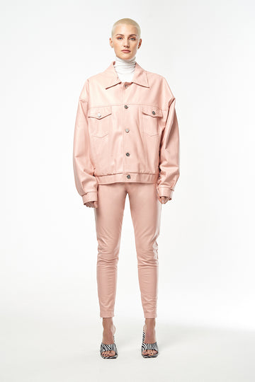 Rose Quartz Oversized Baby Pink Lambskin Leather Jacket 